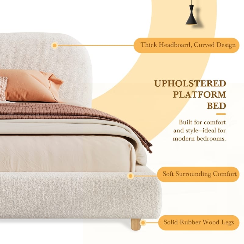 Upholstered Platform Bed with Curve-Shaped Design Headboard