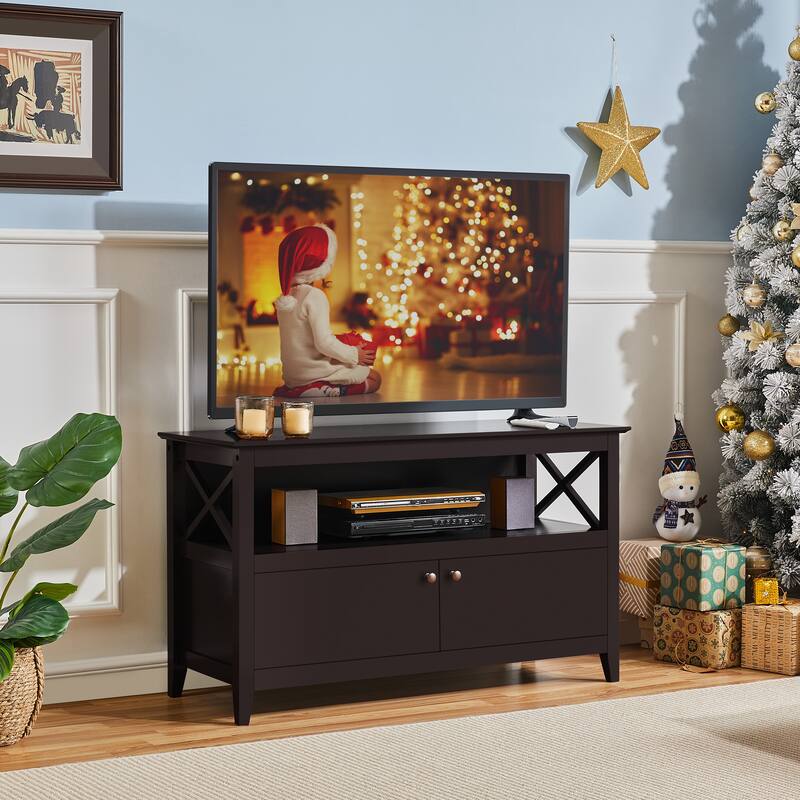 Yaheetech X Shape TV Stand Storage Universal TV Base with 2 Doors - Espresso