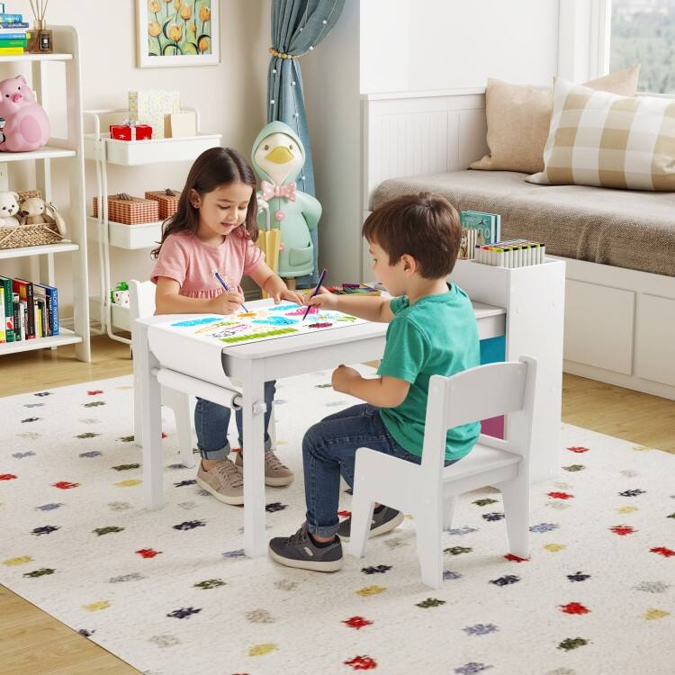 Kids Art Table and 2 Chairs Set with 4 Fabric Storage Bins and 4 Compartments - 39.5" x 20" x 23" (L x W x H)