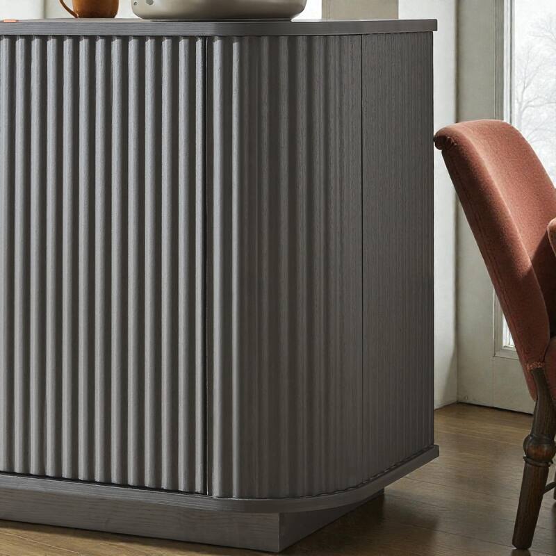 64'' Wavy TV Cabinet with LED Lights, Curved Sideboard with Vertical Stripes & Tempered Glass Doors for Living Room or Bedroom