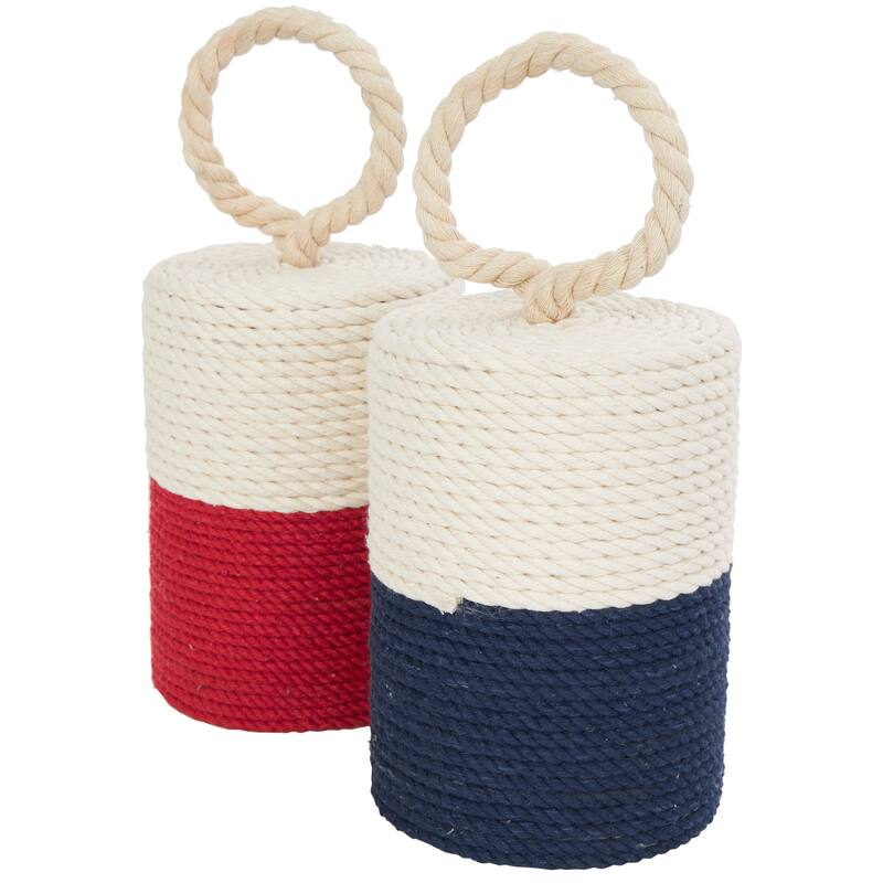 Cream Cotton Fabric Coiled Colorblock Buoy Sculpture with Red and Blue Bases (Set of 2)