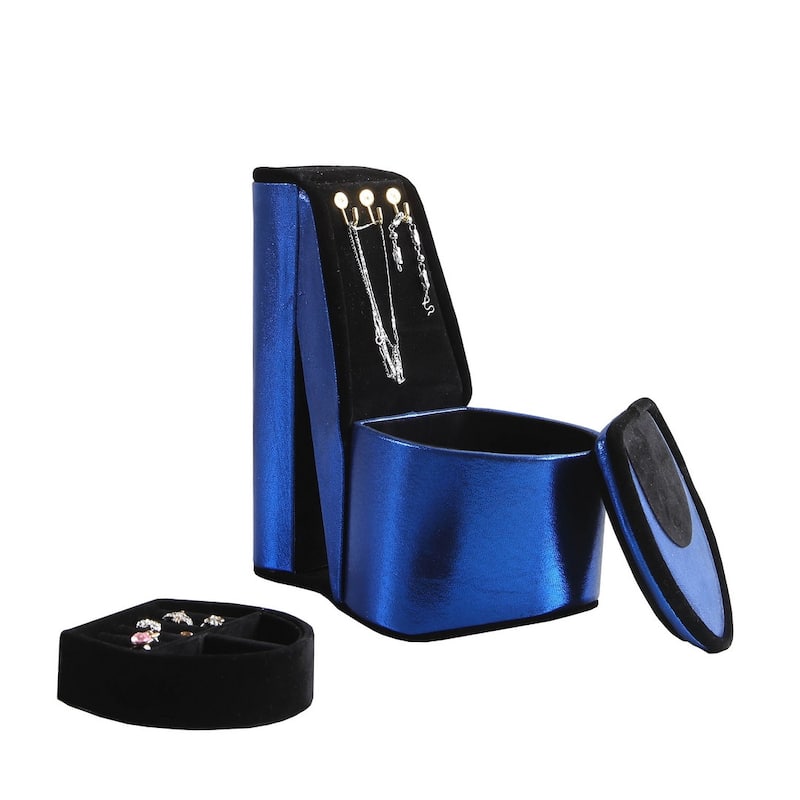 9" Tall Display Jewelry Box with Hooks, High Heel Shoe Design, Blue Velvet - Blue