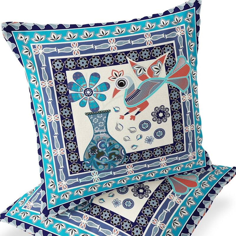 HomeRoots Set of Two 16" X 16" Blue and Off White Peacock Blown Seam Floral Indoor Outdoor Throw Pillow