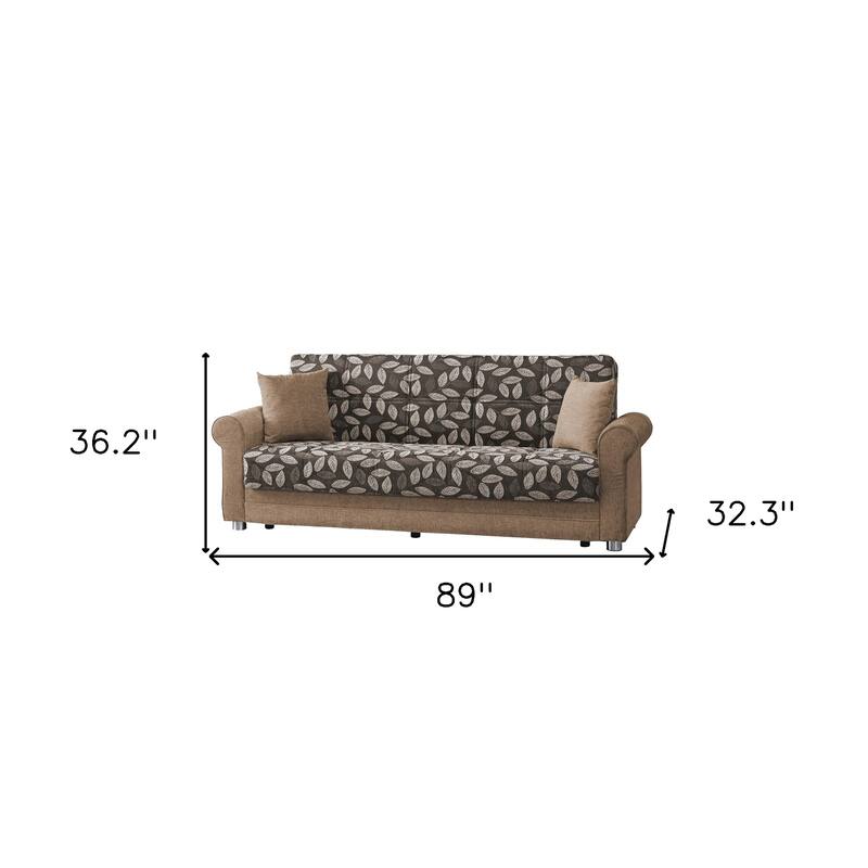 HomeRoots 89" Beige Chenille Convertible Futon Sleeper Sofa And Toss Pillows With Storage