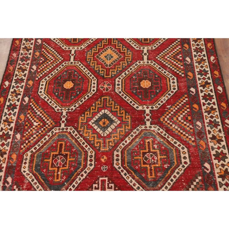 Red Geometric Distressed Bakhtiari Persian Vintage Wool Carpet - 5'0"x 10'1"