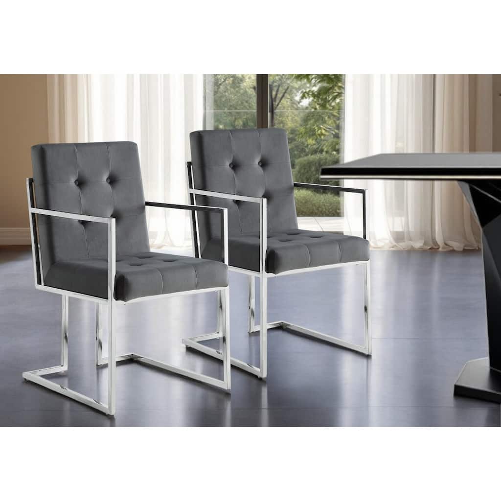 HomeRoots Set of Two Tufted Gray and Silver Metallic Upholstered Velvet Dining Arm Chairs