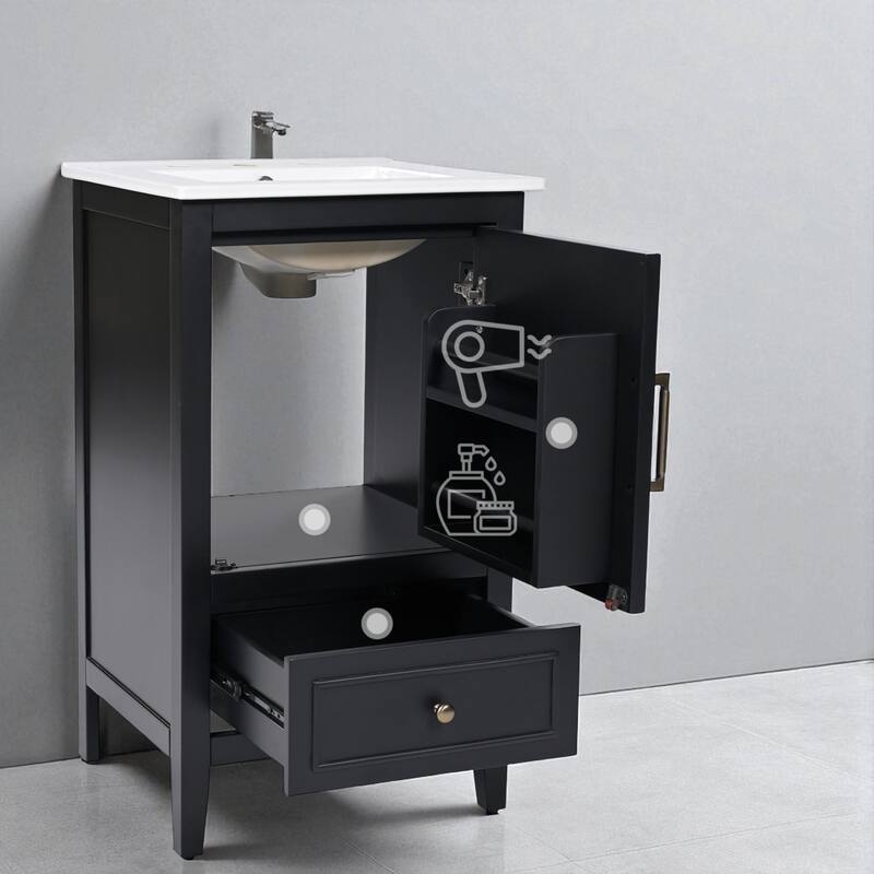 20" Bathroom Vanity with Ceramic Sink, Door Shelf Storage, Drawer, and Adjustable Foot Pads