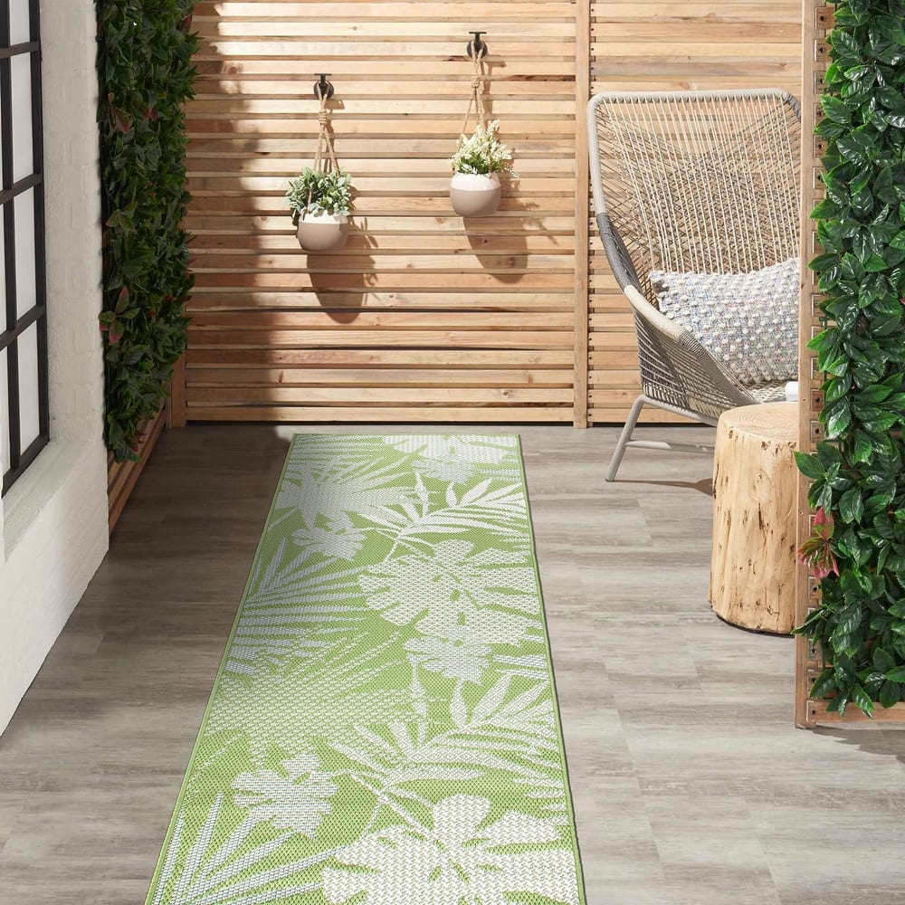 Contemporary Tropical Leaves Indoor/Outdoor Flatweave Waterproof Backyard Patio Area Rug