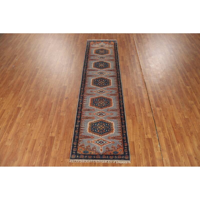 Geometric Viss Indian Runner Rug Handmade Gray Wool Carpet - 2'6"x 9'7"