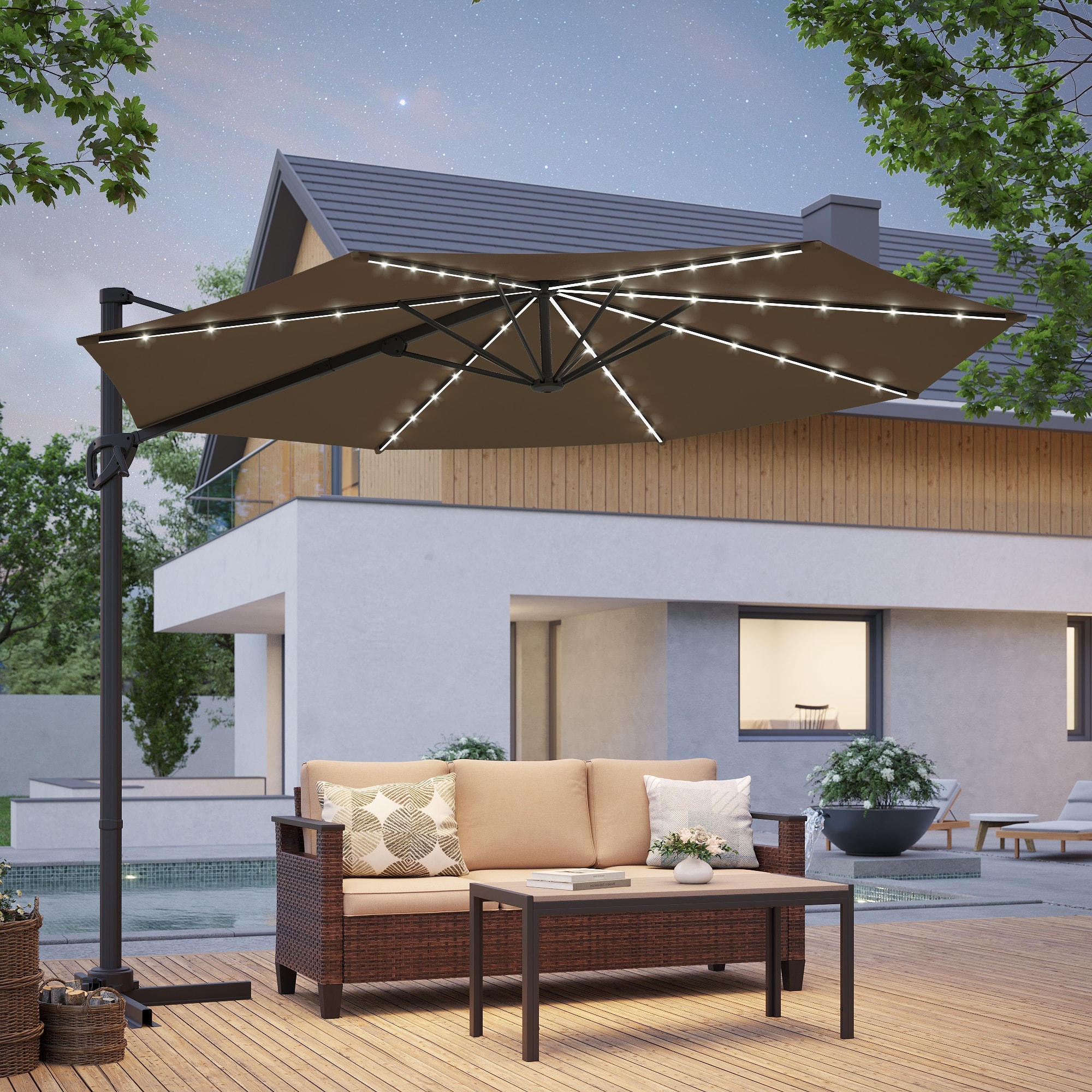10ft solar led lighted patio umbrella w tilt adjustment edx 32 Lights with and UV-Resistant Polyester Fabric???Market Umbrella for Outdoor assisted crank opens and closes the umbrella while a push Best Choice Products 10ft Solar