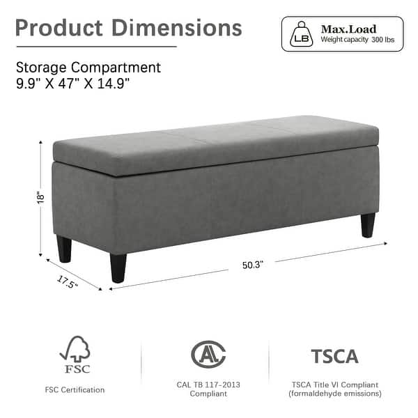 dimension image slide 2 of 7, 50.3" x 17.50" x 18" Upholstered Rectangular Storage Ottoman-Faux Leather