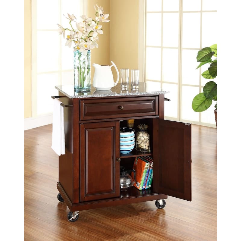 Compact Granite Top Kitchen Cart in White and Gray with Adjustable Storage Cabinet, Drawer, and Rolling Wheels