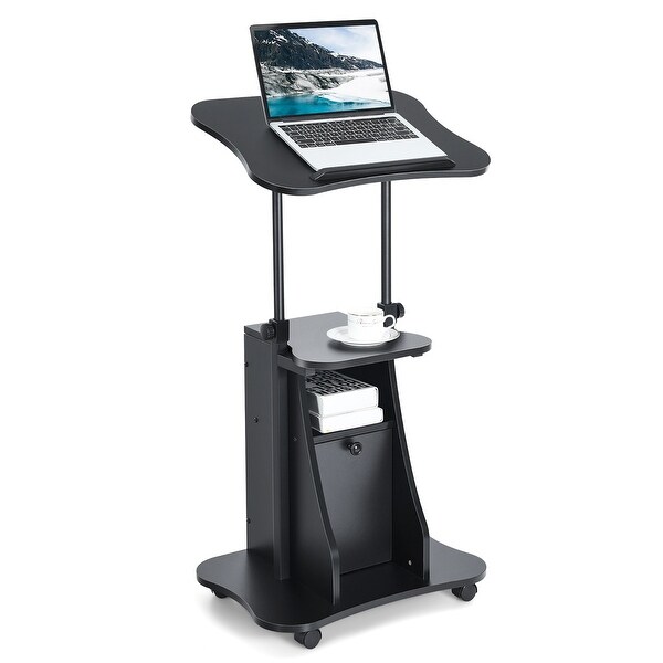 Adjustable Mobile Standing Desk Cart with Tilt Desktop and Cabinet Black Costway