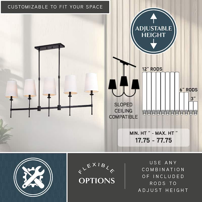 Camden 5 Light Matte Black Linear Chandelier Island Pendant Fixture White Fabric Shade, LED Compatible