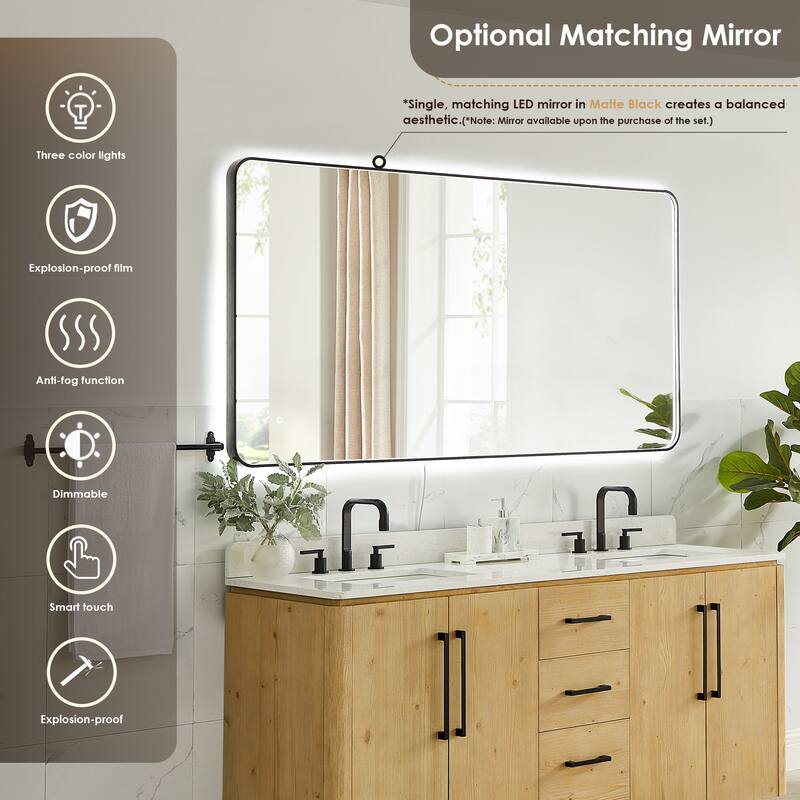 Serene Bathroom Vanity in Nature Brown with Grain White Engineered Stone Countertop with Mirror