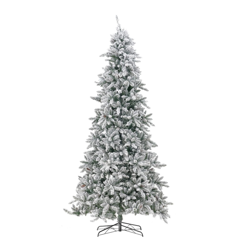 11ft. Flocked Fir Artificial Christmas Tree with Pine Cones, 950 Clear Warm LED Lights 3016 Branches - Winter X-Mas Showstopper