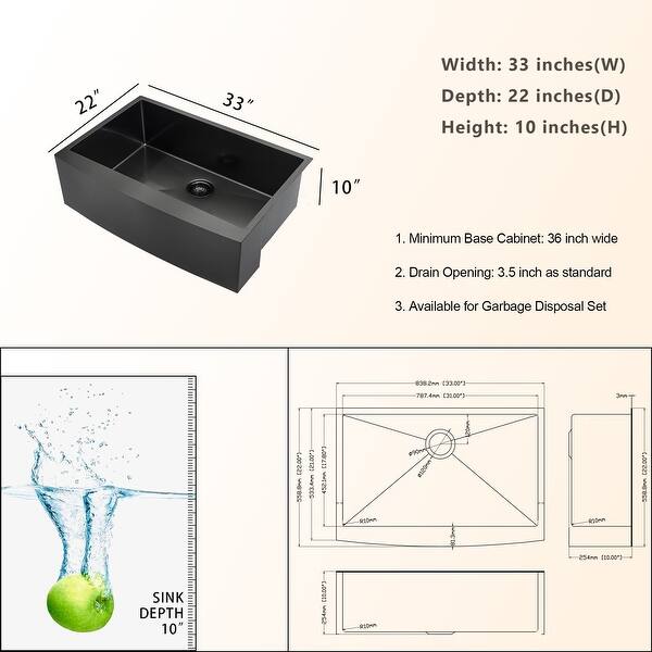 Lordear 33x22 Gunmetal Black Matte Stainless Steel Kitchen Sink Apron Front Deep Single Bowl 16 Gauge Round Corner Farm Sink Overstock 32954407