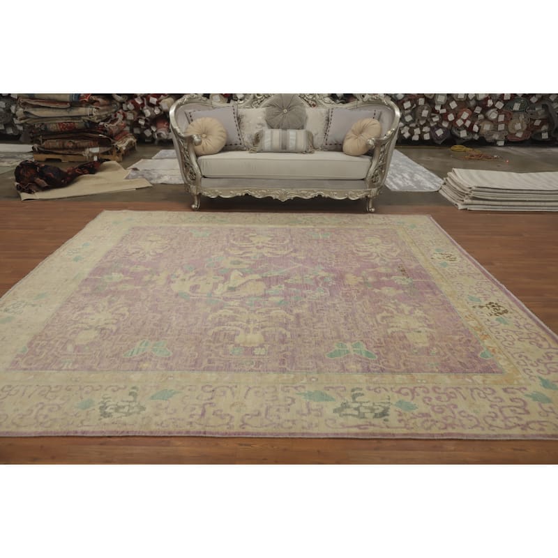 Hand Knotted Traditional Wool Purple Floral Area Rug - 9' 11'' X 9' 10''
