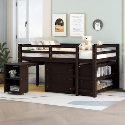 Low Study Full Loft Bed with Cabinet ,Shelves and Rolling Portable Desk ,Multiple Functions Bed- Espresso