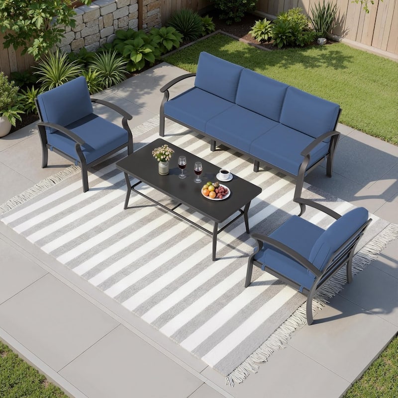 Kullavik Aluminum Outdoor Patio Sectional Sofa Set with Swivel Rocking Chairs and Coffee Table - Navy - 5-Seats-Rectangular Table