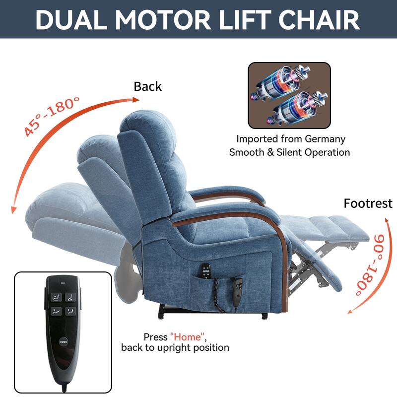 Dual Motor Power Lift Recliner Chair with Massage Heat and Wood Armrests