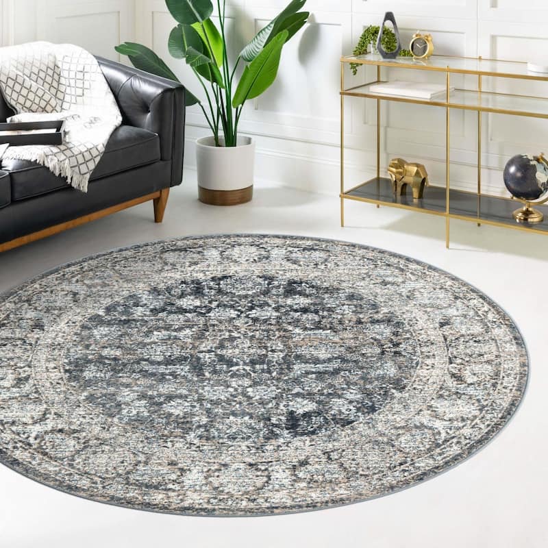 Country & Floral Richye Collection Area Rug - Navy Blue - 3'3" Round