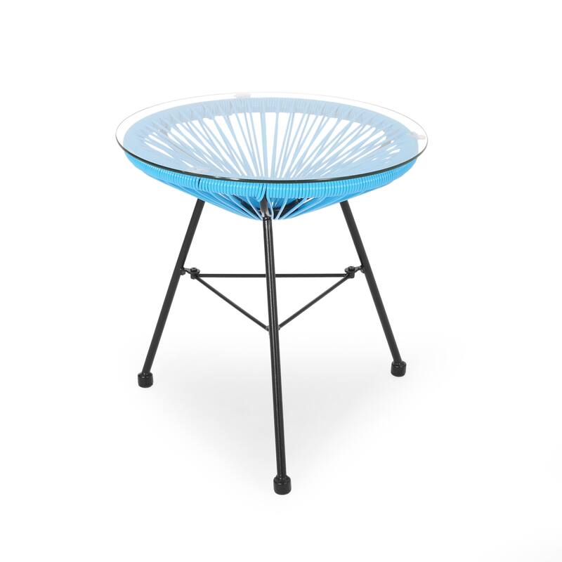 Modern Outdoor Rattan Side Table with Tempered Glass