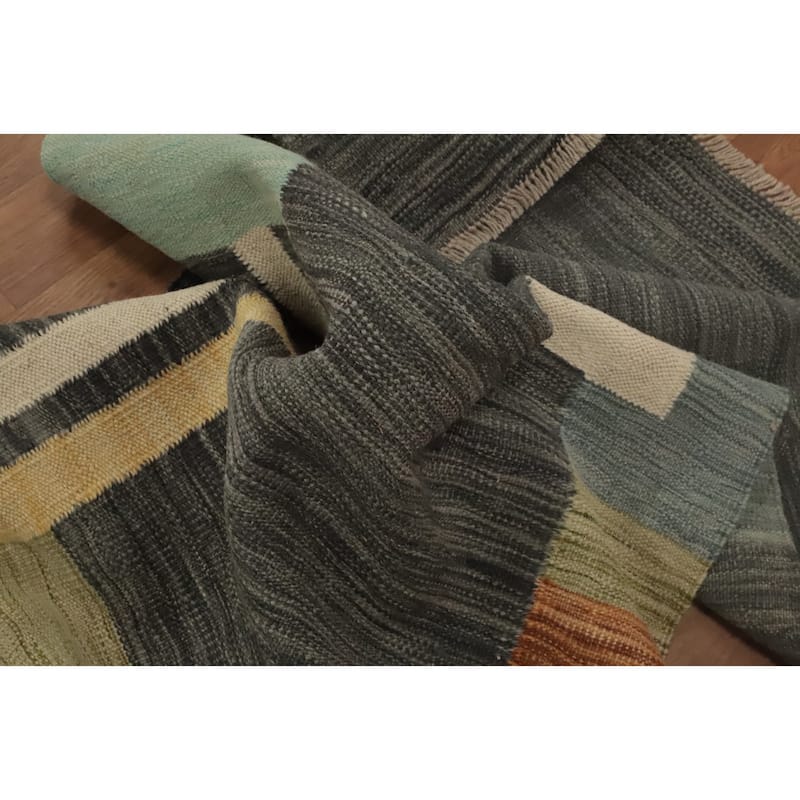 Hand Woven Oriental 100% Wool Carpet Southwestern Modern Multi-Colored Kilim Runner Rug - 10' 0'' X 2' 7''
