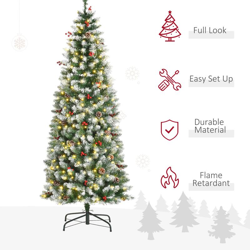 Snow-Flocked Artificial Christmas Tree with LED Lights, Pine Cones & Red Berries, 6ft, 7.5ft, 9ft