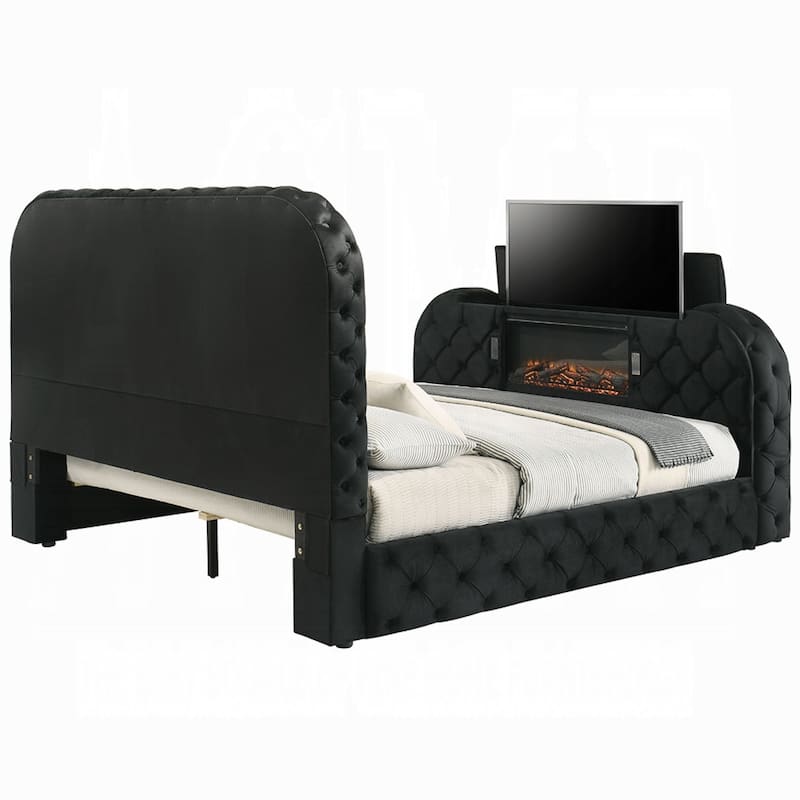 Kerie Queen Size Bed with LED Fireplace, TV Lift Stand, Black Velvet