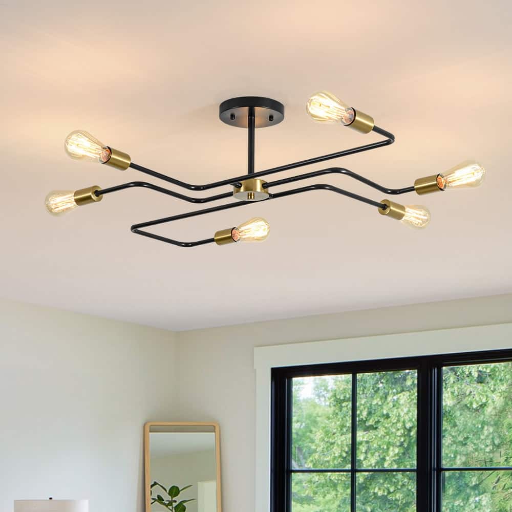 6-Light Industrial Black Brass Sputnik Semi Flush Mount Ceiling Light - 36.6 Inches