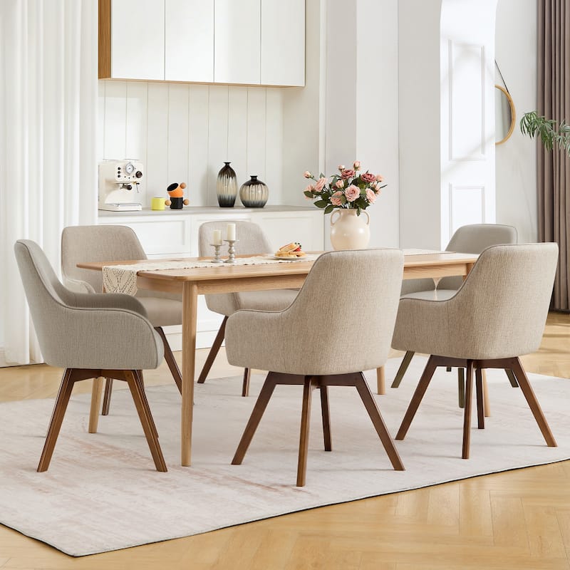 Swivel Upholstered Dining Chair Set of 2 Armchair with Beech Wood Legs - 33.3" H x 23.2" W x 22.4" D - Set of 6 - Sand-Linen
