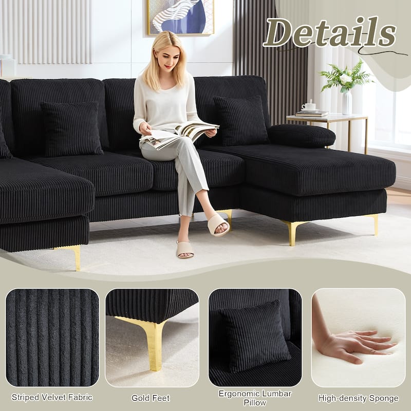 HOMEFUN Corduroy Upholstered U-shaped Adjustable Light Modular Sectional Sofa With Type-C and USB ports