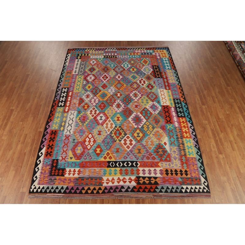 Flat Weave Colorful Kilim Area Rug Flatweave Wool Carpet - 8'4" x 11'9"