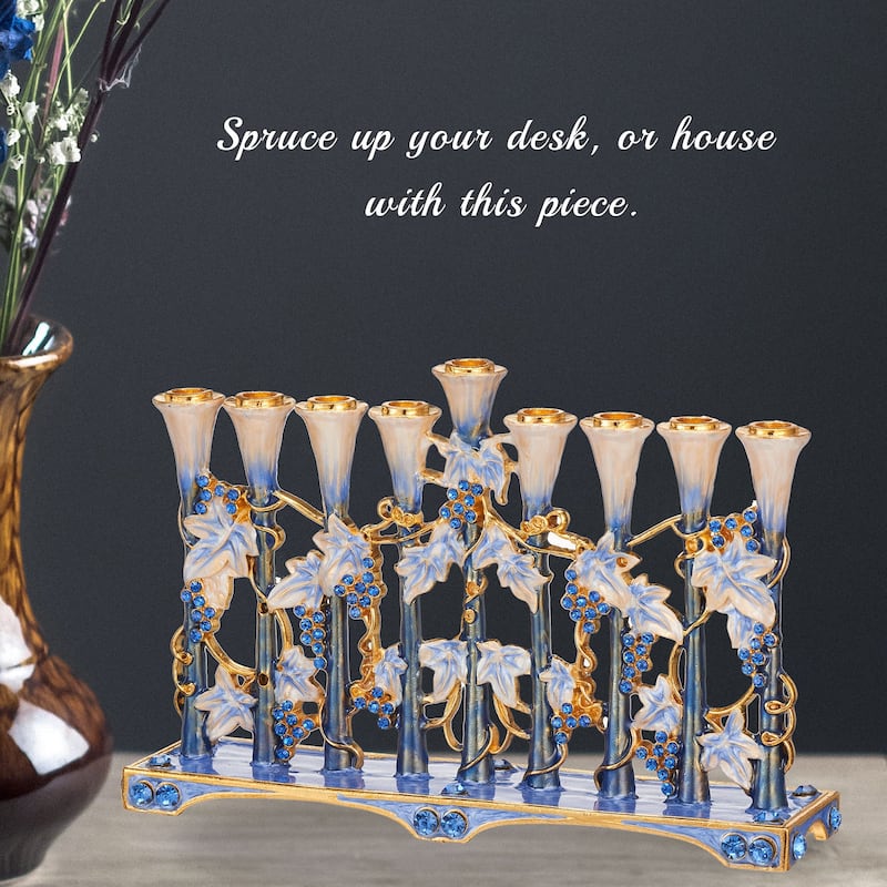 Hand Painted Blue & Ivory Tulip Menorah Candelabra - N/A