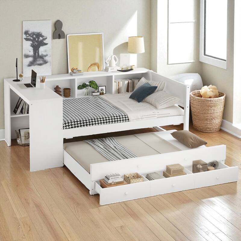 Twin/Full Size Wood Daybed with Trundle, Storage Drawers, Shelves and Built-in Desk, No Box Spring Needed