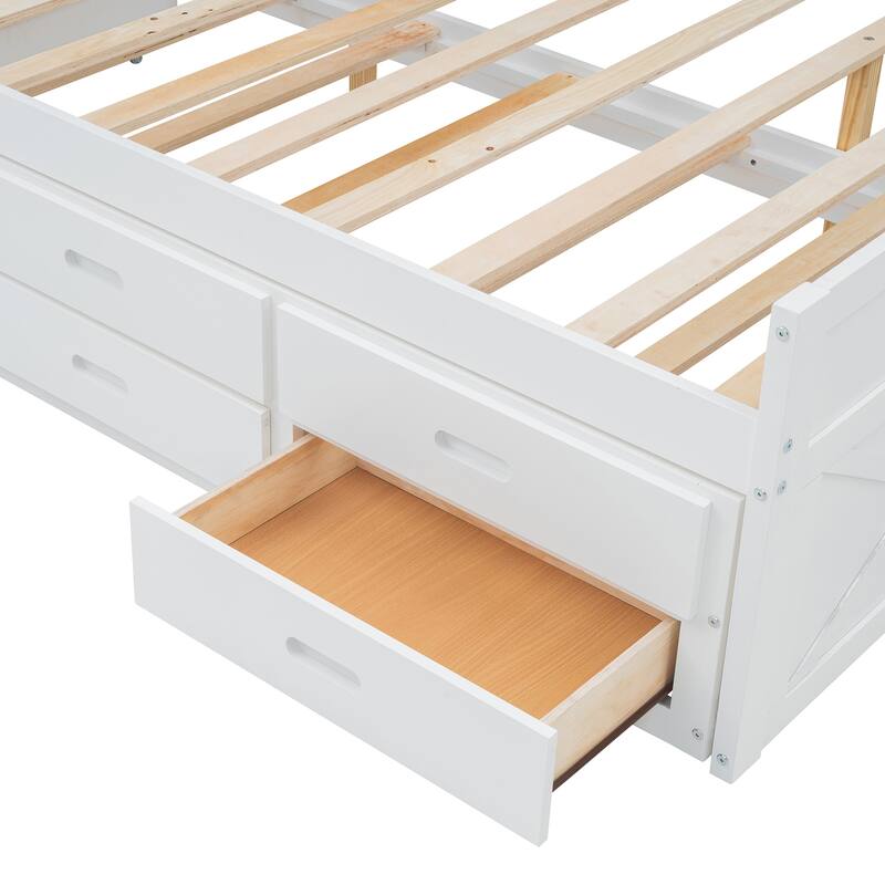 Full Size Wooden Storage Bed with Headboard Outlets, Extendable Trundle and Three Drawers, White