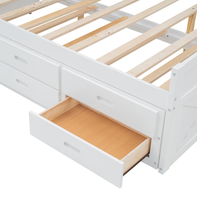 White Full Size Extendable Wooden Platform Bed with Storage Headboard, Three Drawers, and Trundle