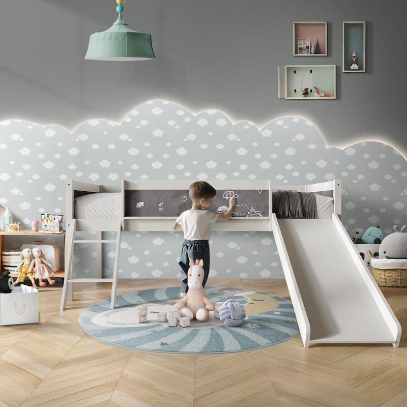 CraftPorch Classic Twin Low Loft Bed with Chalkboard, Slide and Ladder