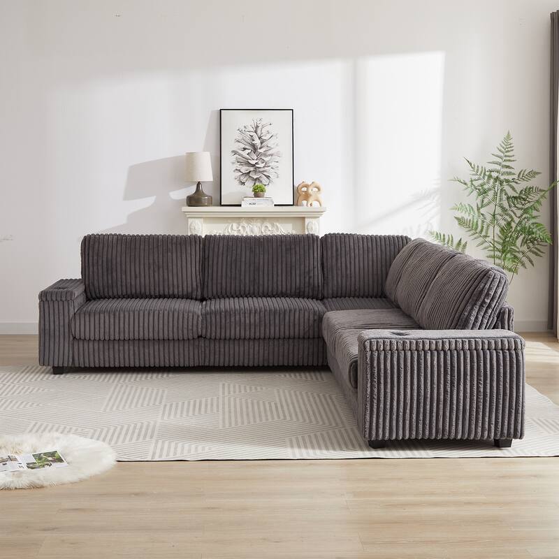 Dark Grey 110" Oversized Corduroy L-Shaped Corner Sectional Sofa with Storage Armrest, Cup Holder, USB & Type-C Ports