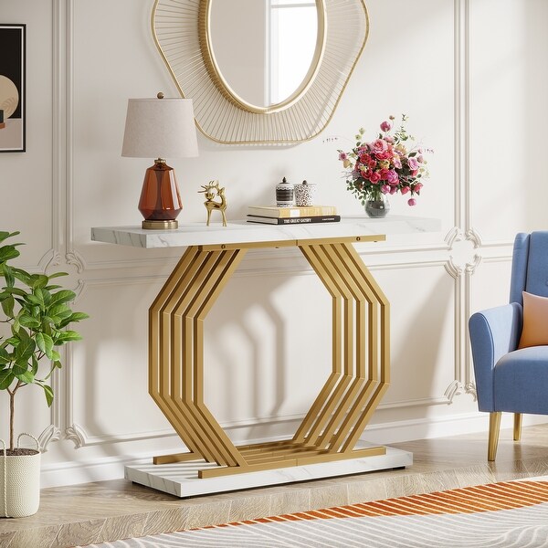39.37 Gold Console Table Modern White Marble Sofa Table with Geometric Metal Base On Sale Bed Bath Beyond 37458407