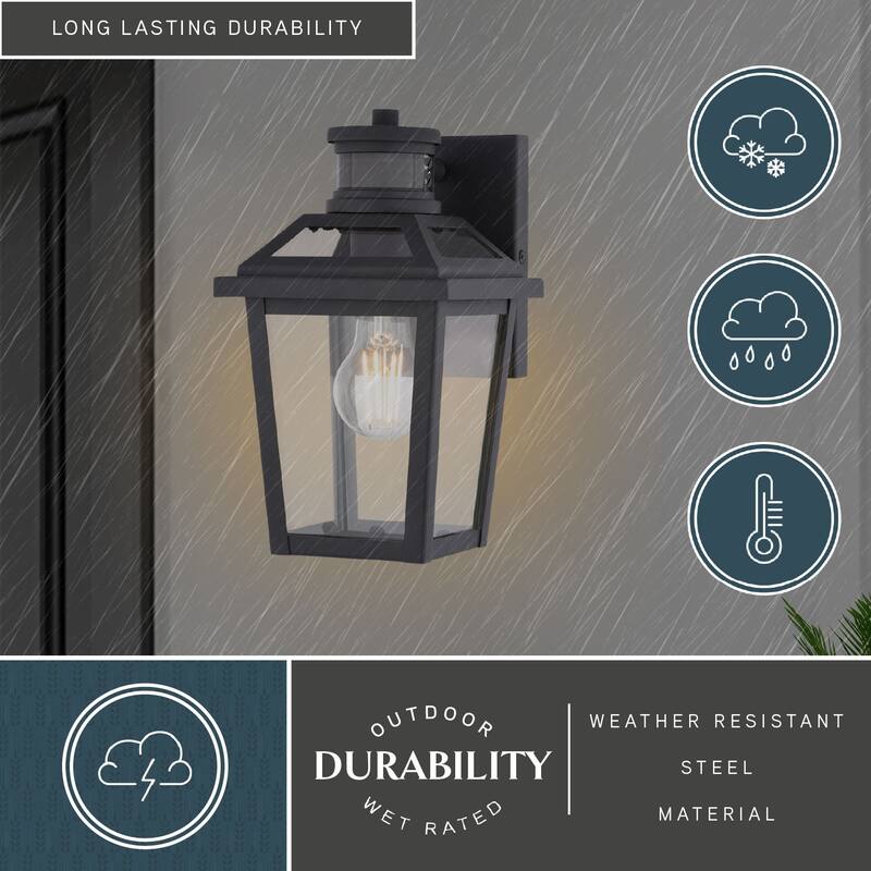 VAXCEL Hanover Park Black Motion Sensor Dusk to Dawn Outdoor Wall Sconce Light Fixture Clear Glass Shade, LED Compatible