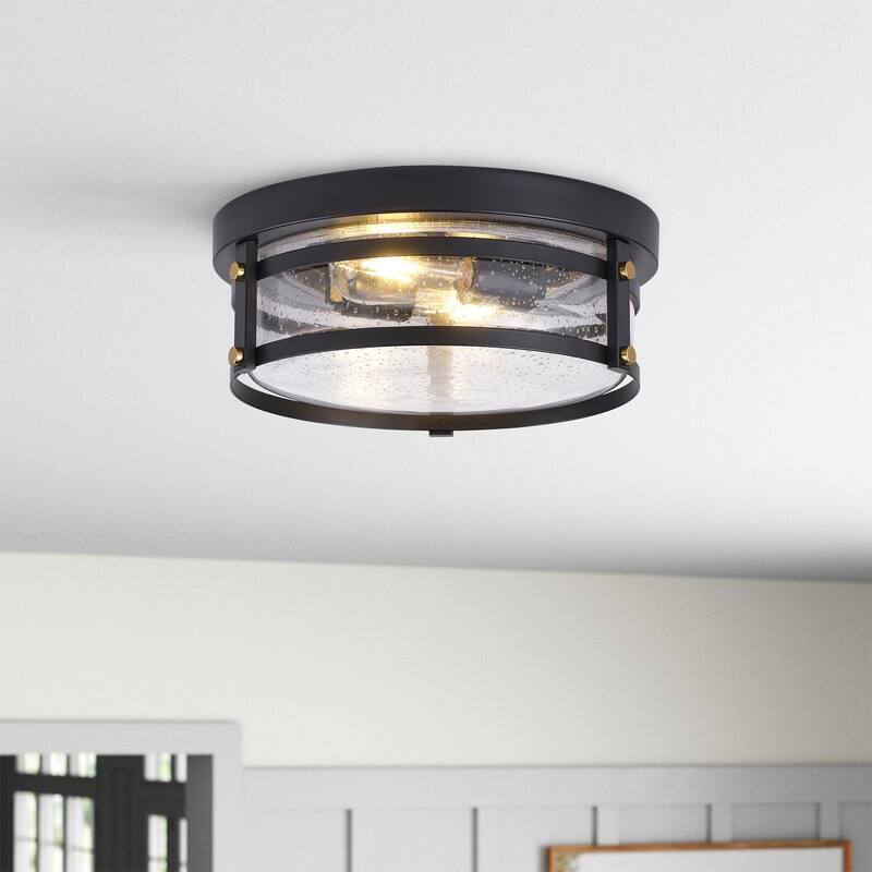 Farmhouse Matte Black 2-Light Seeded Glass Flush Mount Ceiling Lighting Fixture