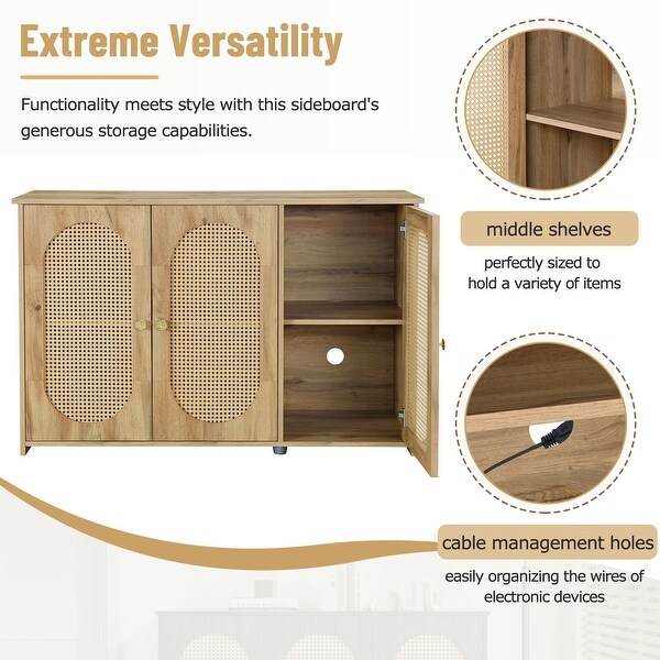 Natural 3-Door Cabinet with Retro Design, Rattan Doors,Metal for
