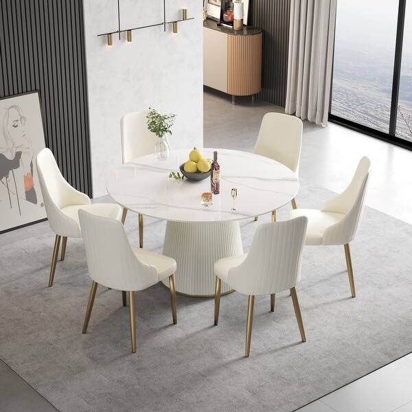 53'' Round Dining Table for 6, Modern White Sintered Stone Tabletop ...