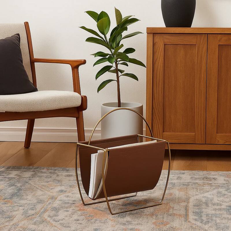 Metal and Leatherette Magazine Rack with Tall Carrying Handle, Brown and Gold