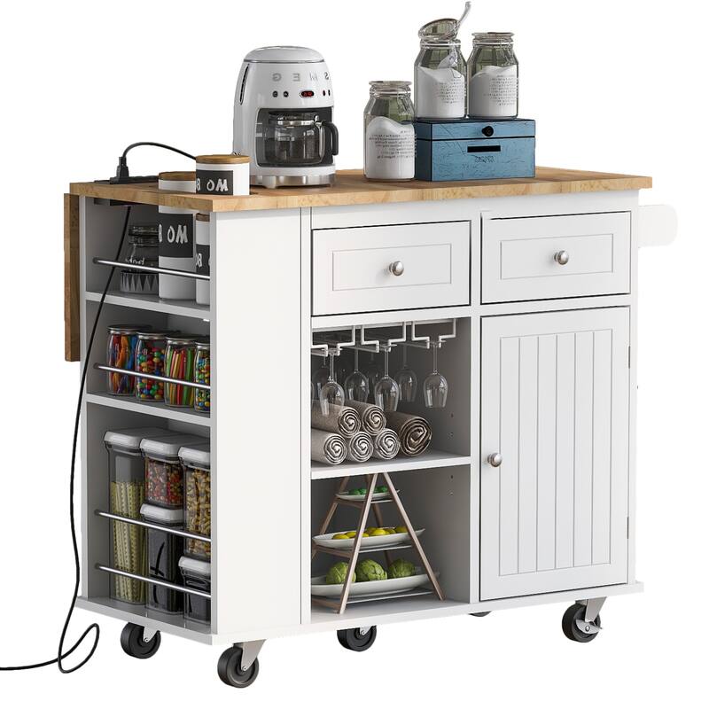 Kitchen Island with Power Outlet,Kitchen Storage Island with Drop Leaf and Rubber Wood - N/A