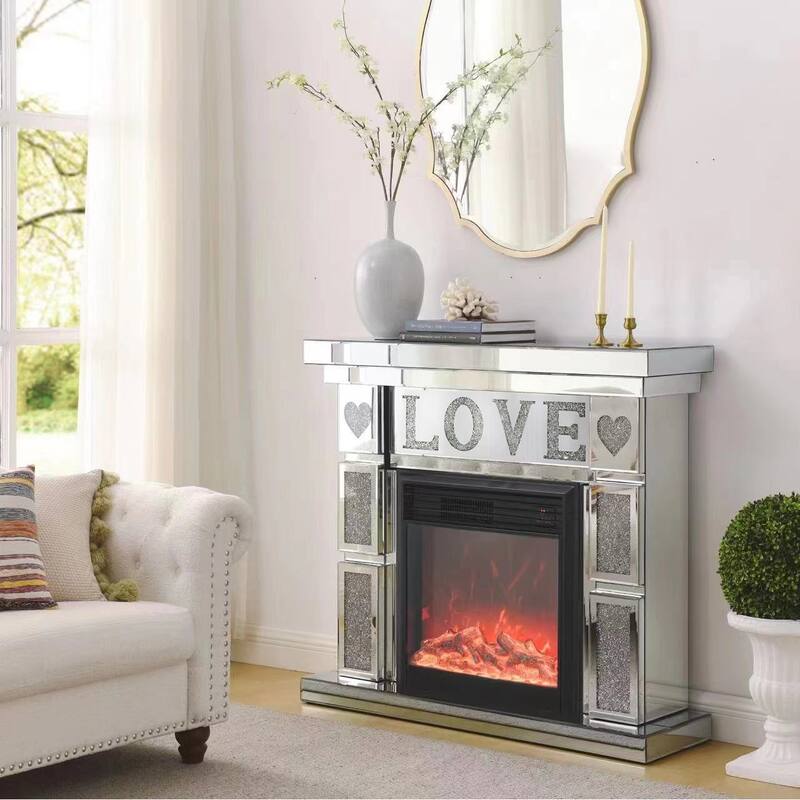 Freestanding Silver TV Fireplace Cabinet with 3D Realistic LED Flames, Acrylic Crystal Design, and Remote Control