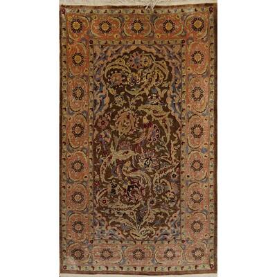 Hand Knotted Traditional Silk Brown Floral Area Rug - 3' 10'' X 2' 4''