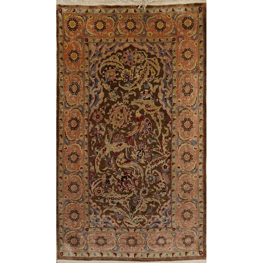 Hand Knotted Traditional Silk Brown Floral Area Rug - 3' 10'' X 2' 4''